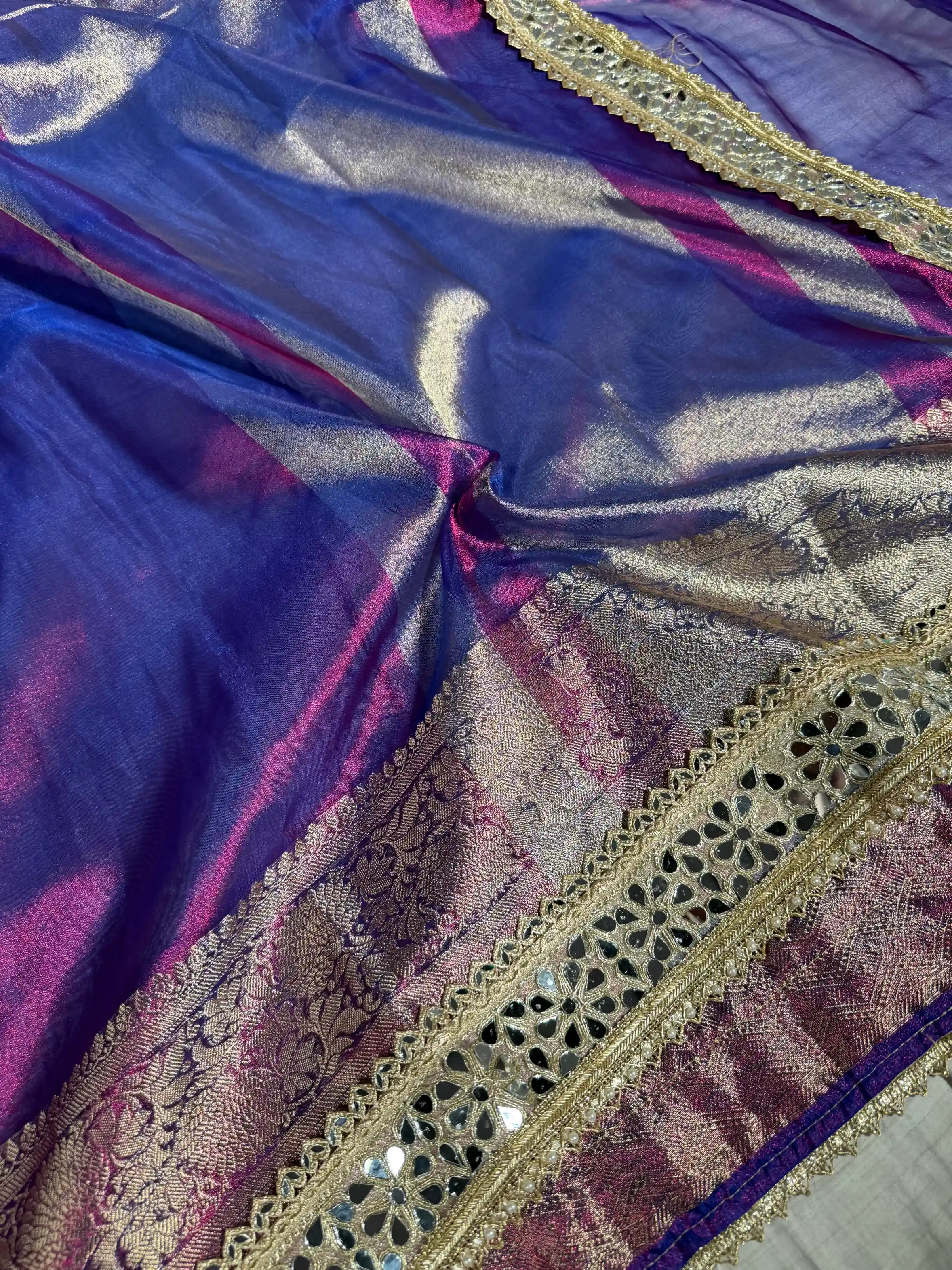 Rare Baigani Tissue Silk Mirror Work Banarasi Saree