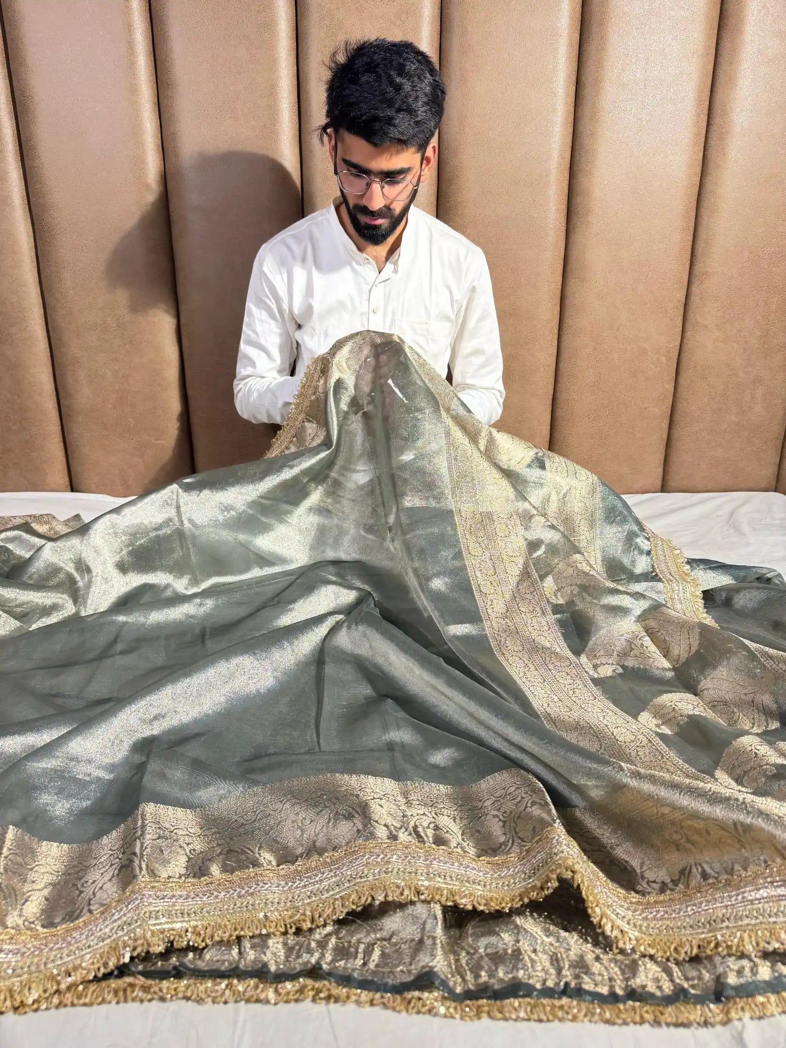Rare Beige Brown Soft Tissue Silk Banarasi Saree with Premium Lace Attached