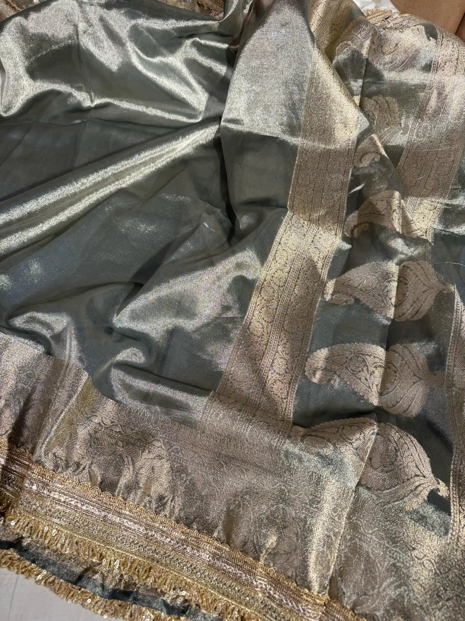 Rare Beige Brown Soft Tissue Silk Banarasi Saree with Premium Lace Attached
