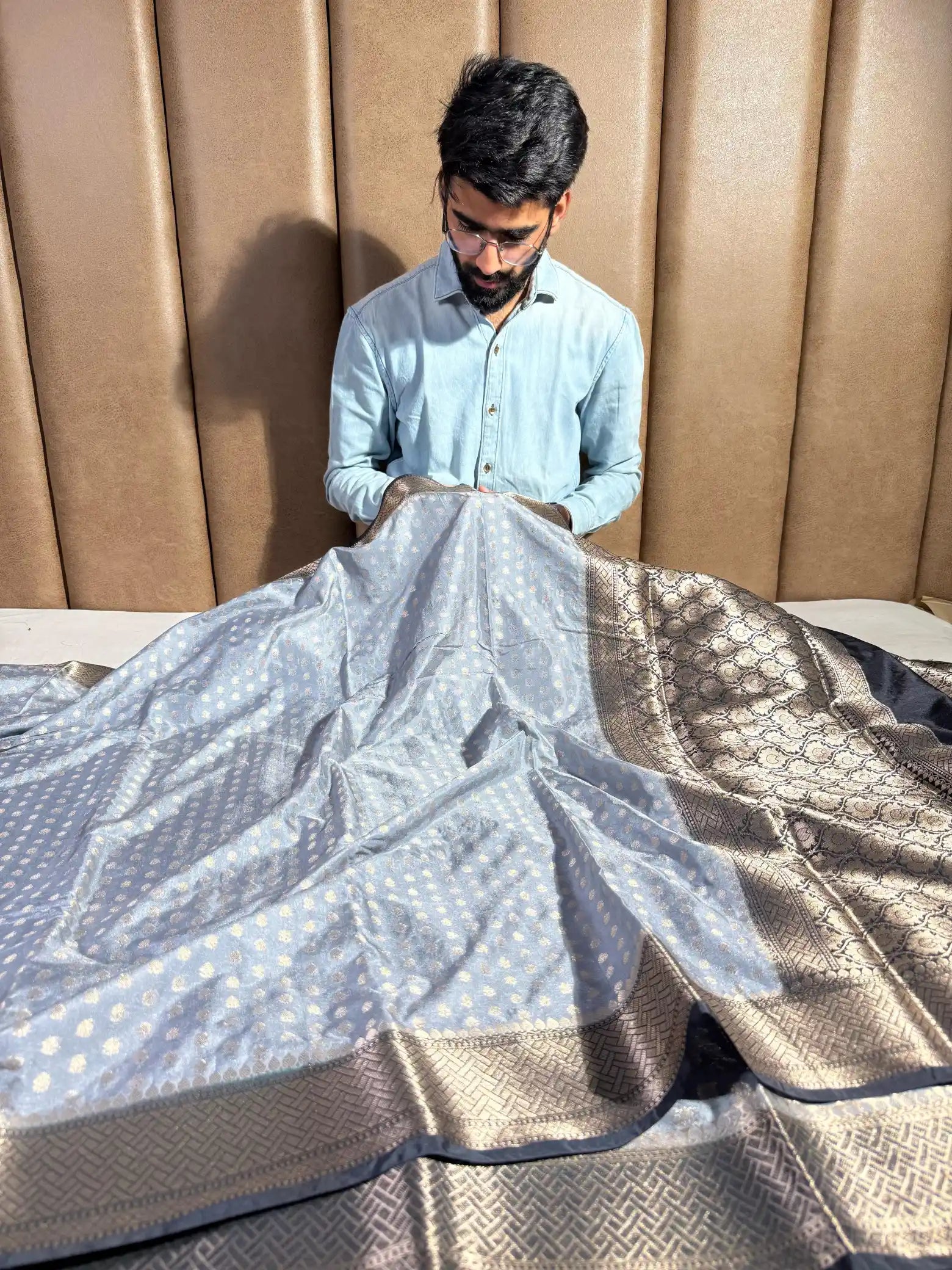 Rare Grey Chiniya Silk Zari Buti Weave Banarasi Saree