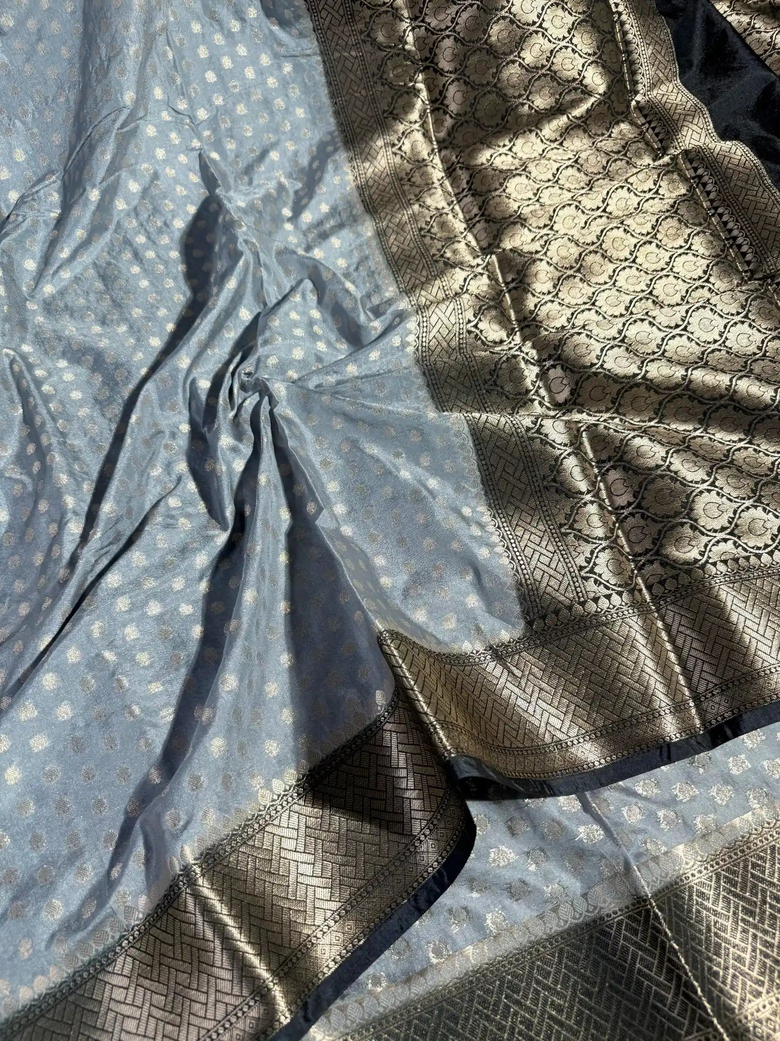 Rare Grey Chiniya Silk Zari Buti Weave Banarasi Saree