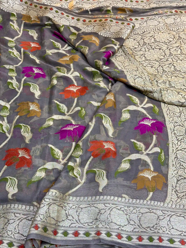 Rare Grey Shade Floral Chiffon Silk Banarasi Saree