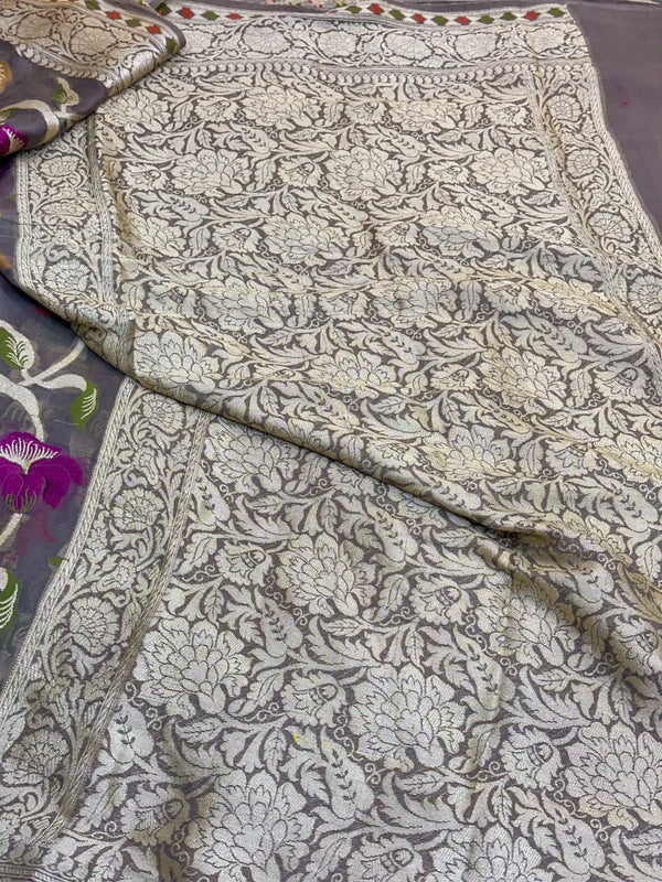 Rare Grey Shade Floral Chiffon Silk Banarasi Saree