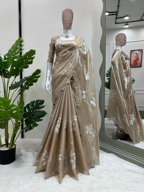 Rare Ivory Shimmery Tissue Silk Sequins Thread Work Buta Designer Saree