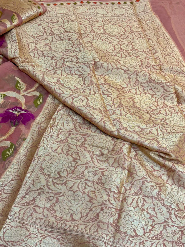 Rare Peach Shade Floral Chiffon Silk Banarasi Saree