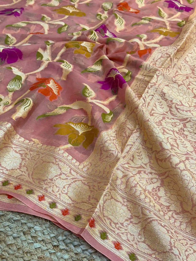 Rare Peach Shade Floral Chiffon Silk Banarasi Saree