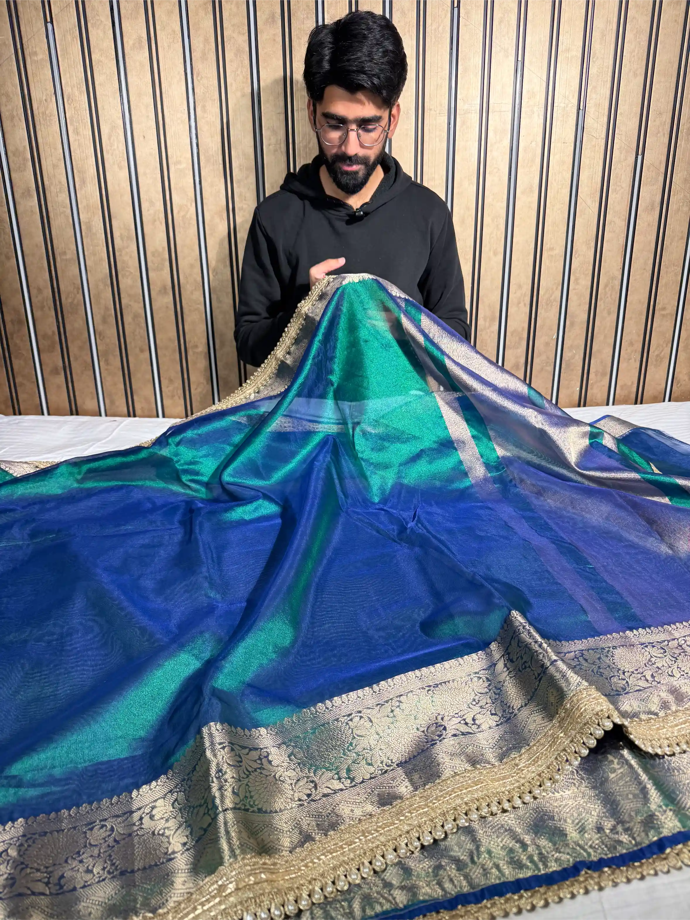 Rare Peacock Kora Tissue Silk Designer Lace Attached Banarasi Saree