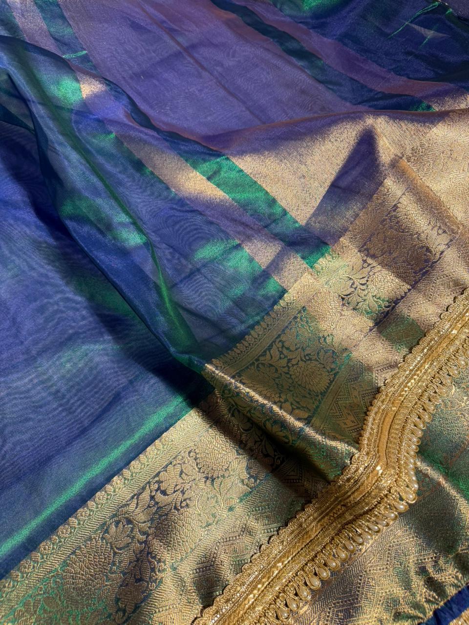 Rare Peacock Kora Tissue Silk Designer Lace Attached Banarasi Saree