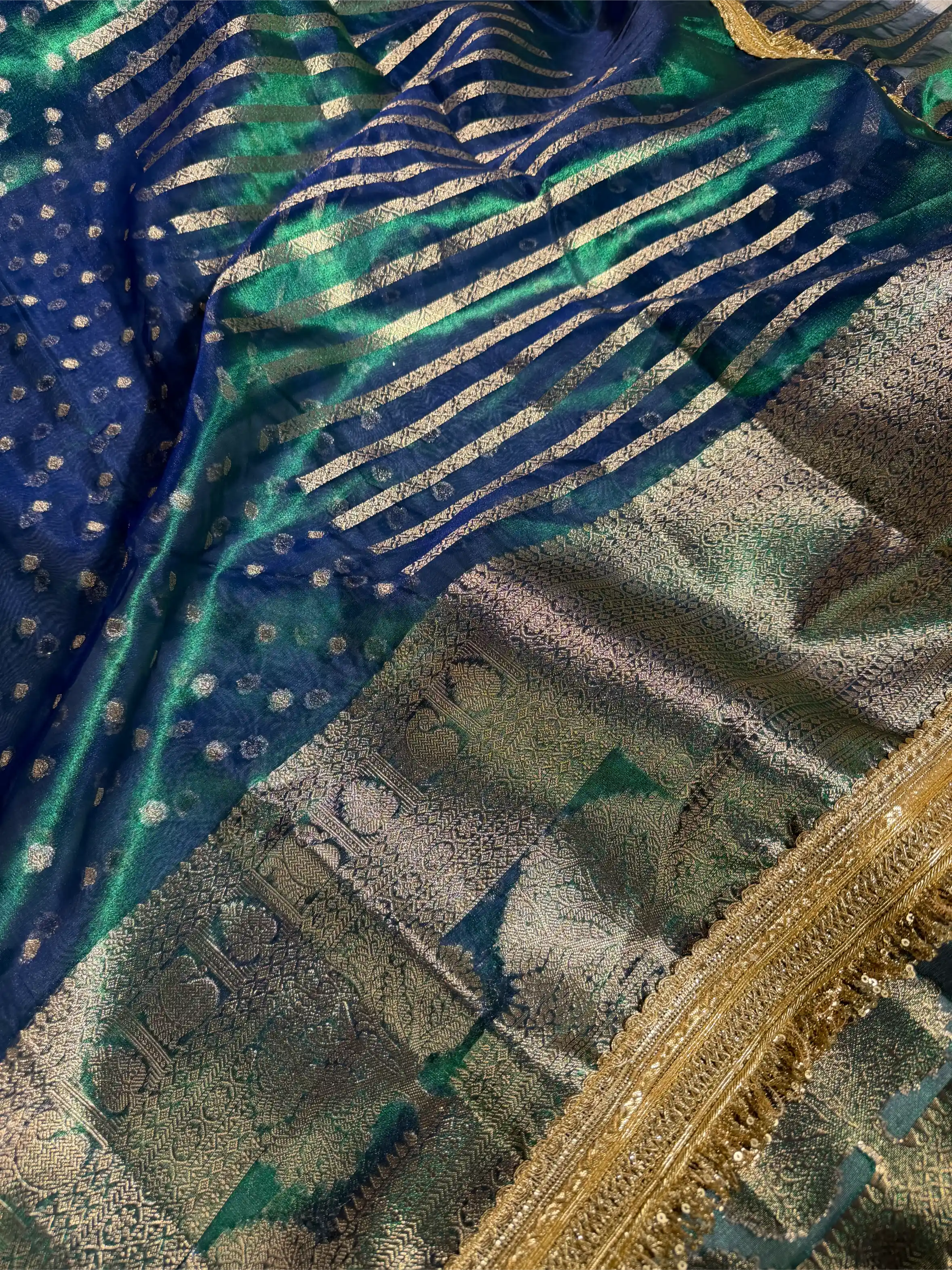Rare Peacock Shade Tissue Silk Designer Lace Work Banarasi Saree