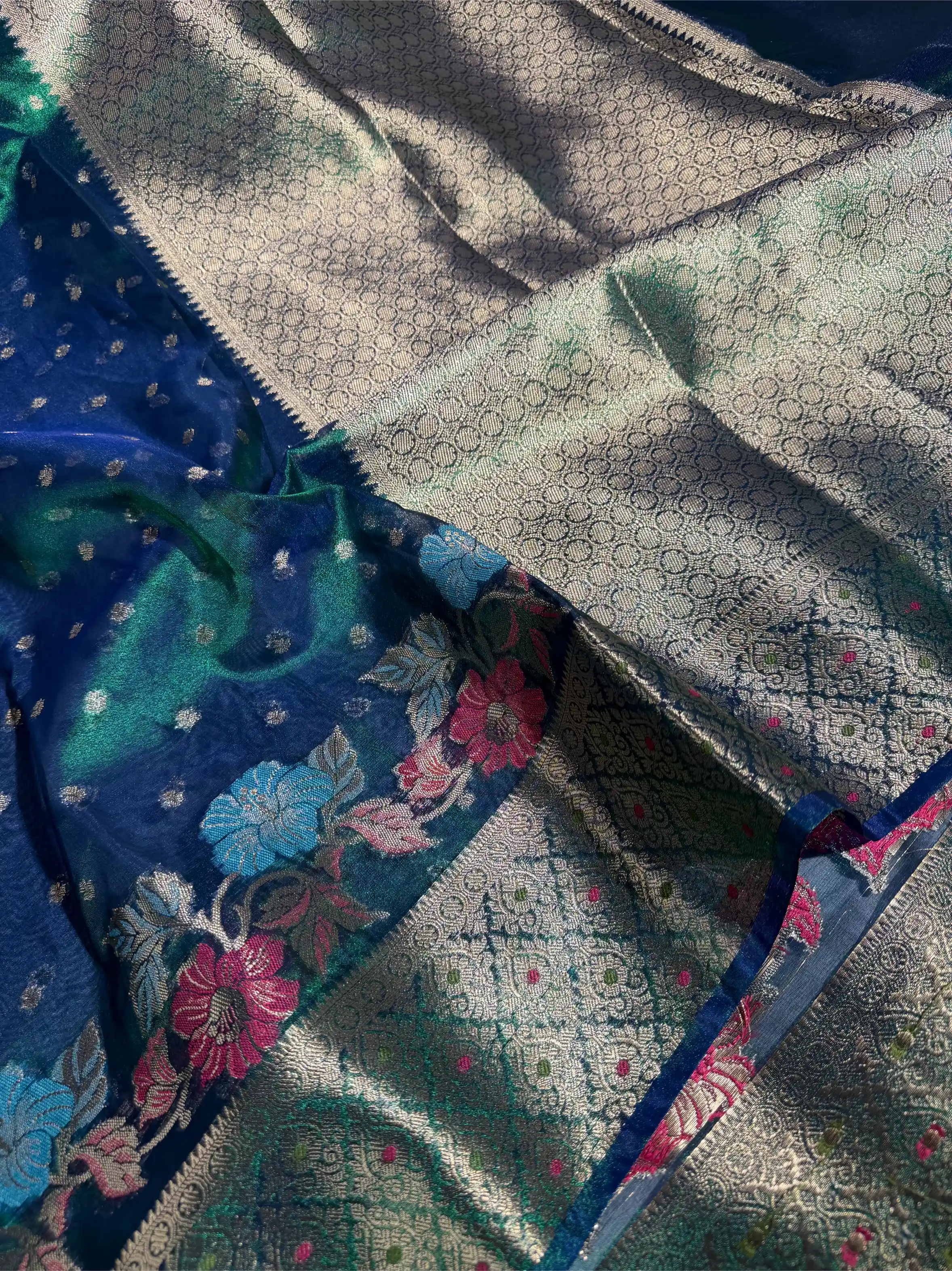 Rare Peacock Shade Tissue Silk Meenakari Banarasi Saree