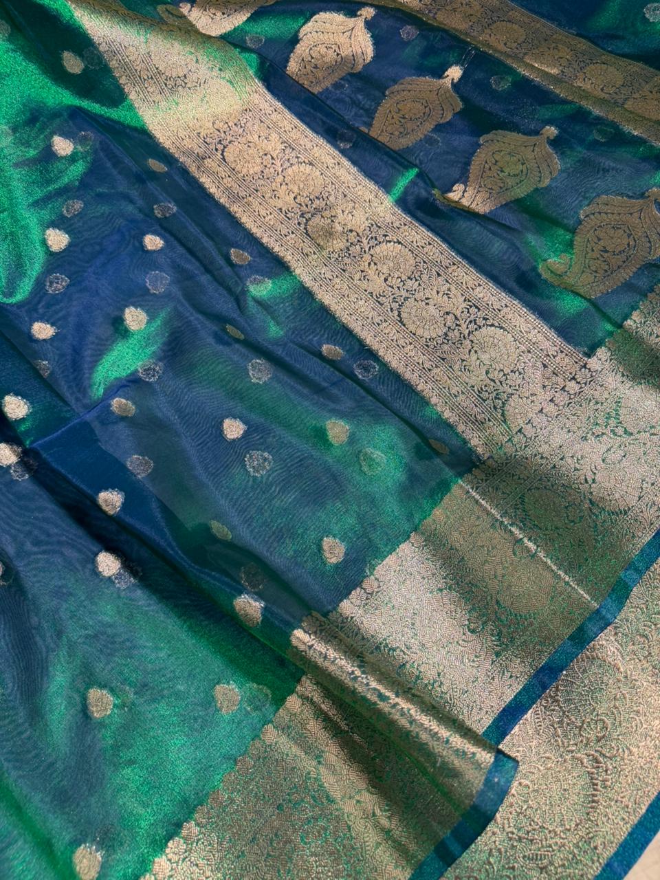 Rare Peacock Soft Tissue Silk Khaddi BUti Concept Banarasi Saree