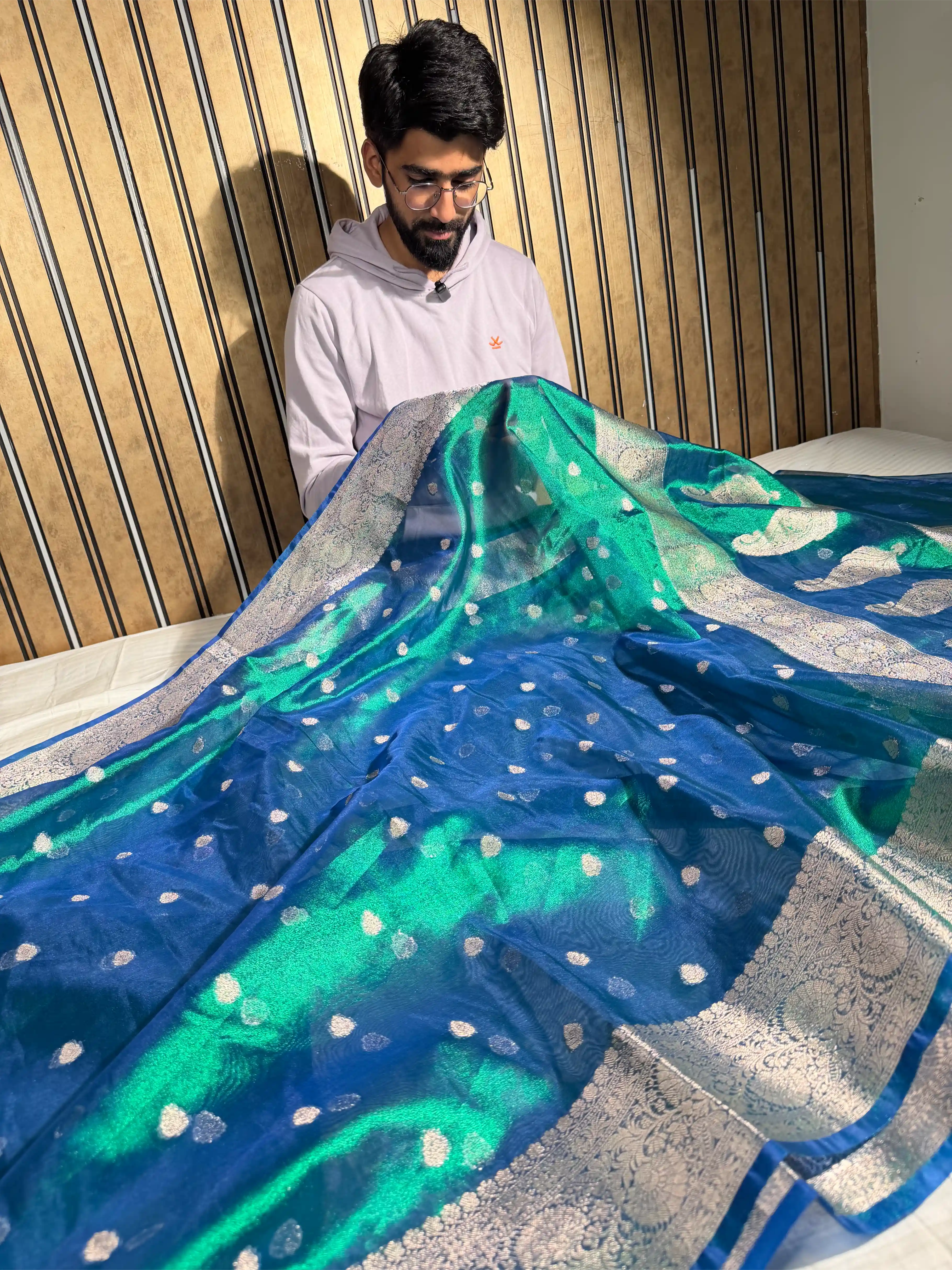 Rare Peacock Soft Tissue Silk Khaddi Buti Concept Banarasi Saree