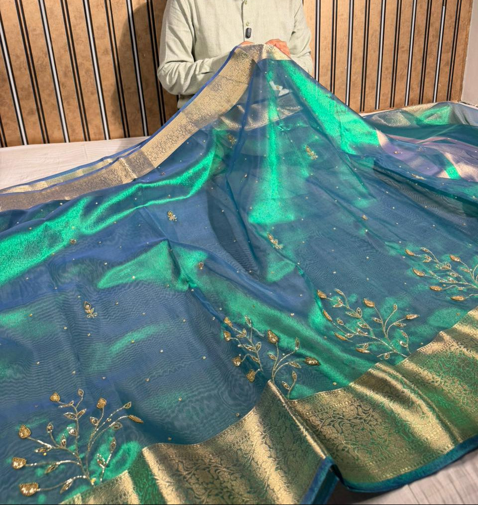 Rare Peacock Tissue Silk Handwork Banarasi Saree