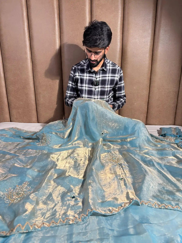 Rare Powder Blue Shimmery Tissue Silk Handwork Designer Saree