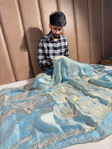 Rare Powder Blue Shimmery Tissue Silk Handwork Designer Saree