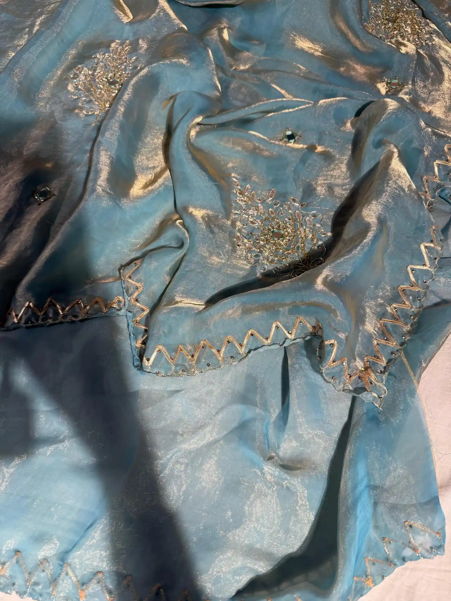 Rare Powder Blue Shimmery Tissue Silk Handwork Designer Saree