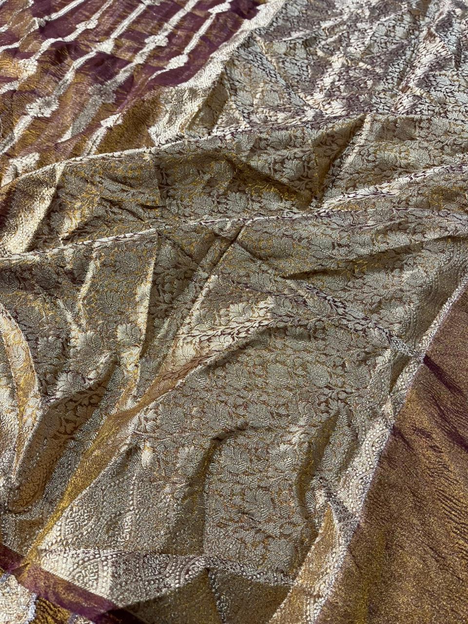 Rare Rusted Shade Crush Tissue Silk Banarasi Saree