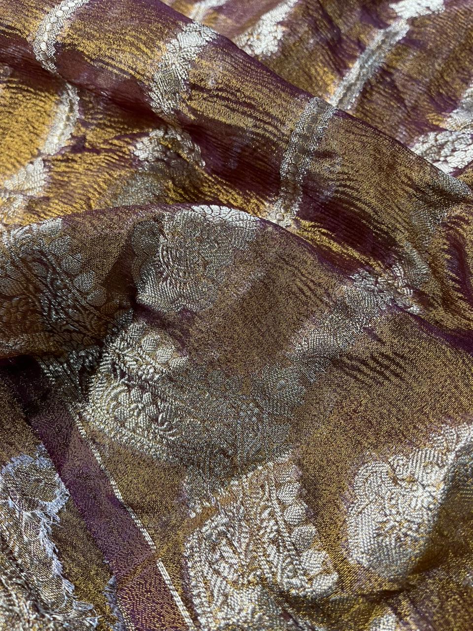 Rare Rusted Shade Crush Tissue Silk Banarasi Saree