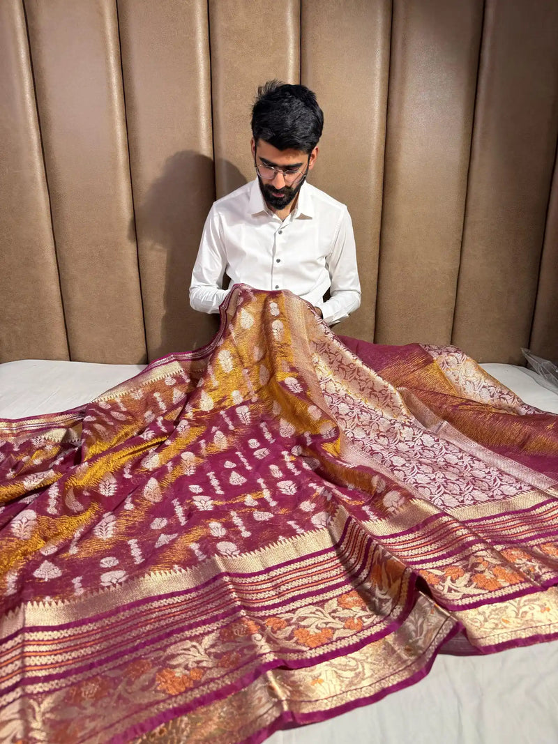 Rare Rusted Shade Crushed Tissue Silk Banarasi Saree
