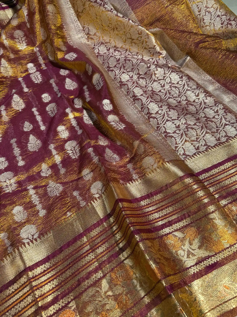 Rare Rusted Shade Crushed Tissue Silk Banarasi Saree
