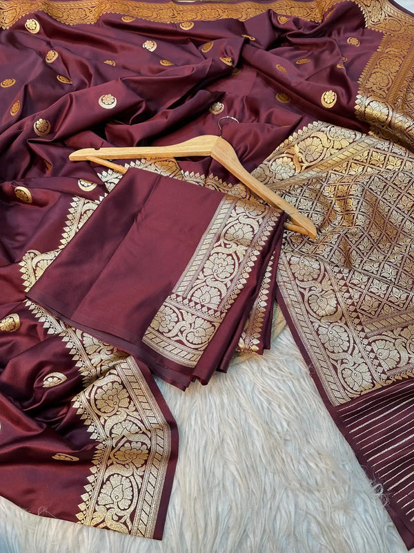 Rare Wine Satin Katan Silk Heritage Chand Tara Design Banarasi Saree