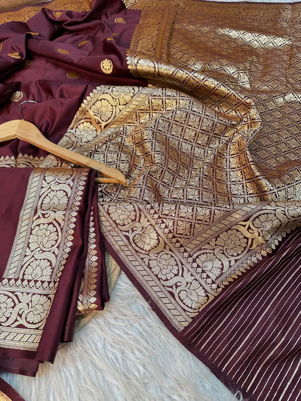 Rare Wine Satin Katan Silk Heritage Chand Tara Design Banarasi Saree