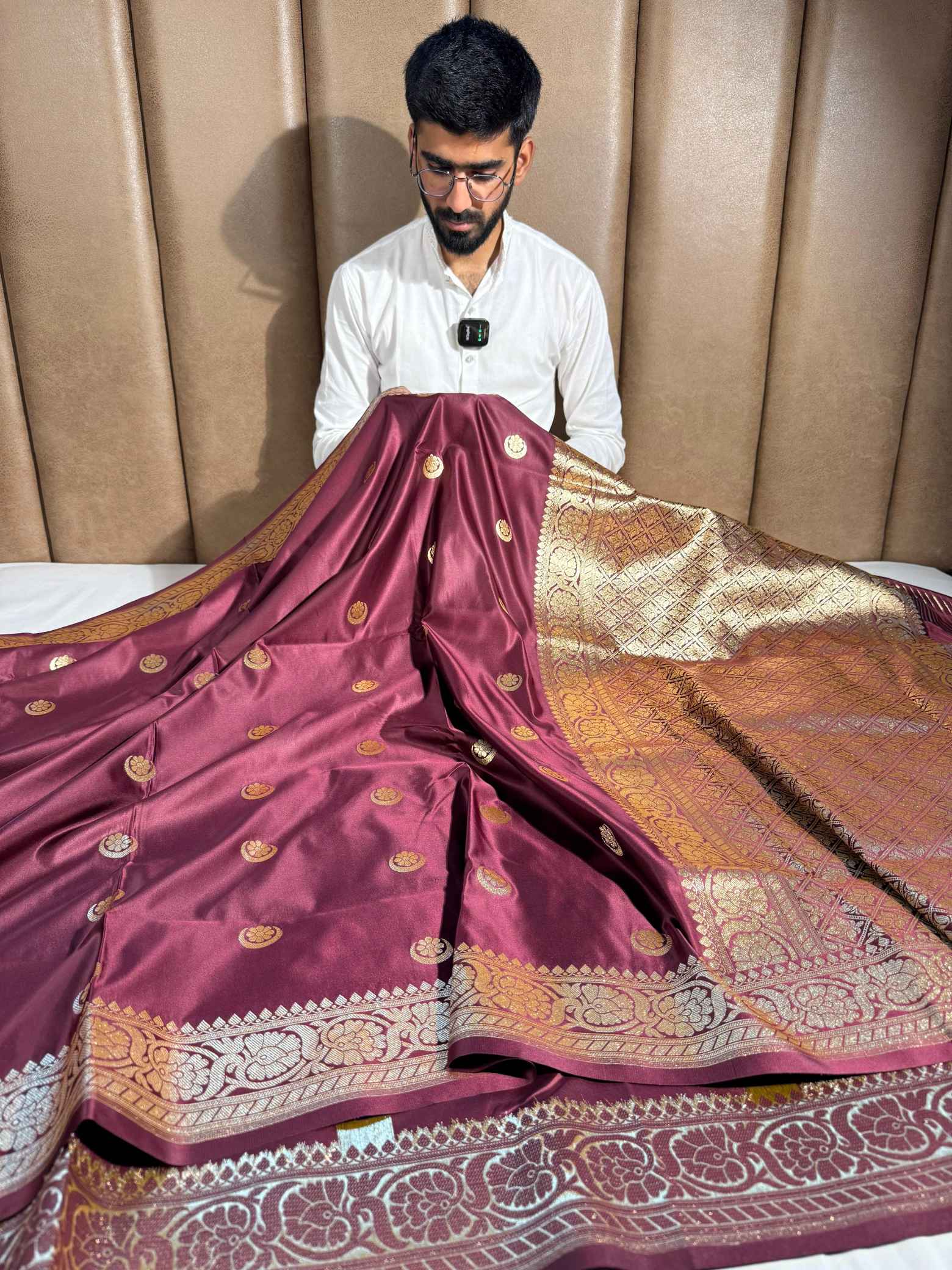 Rare Wine Shade Satin Silk Banarasi Saree in Traditional Chand Tara Heritage Weave