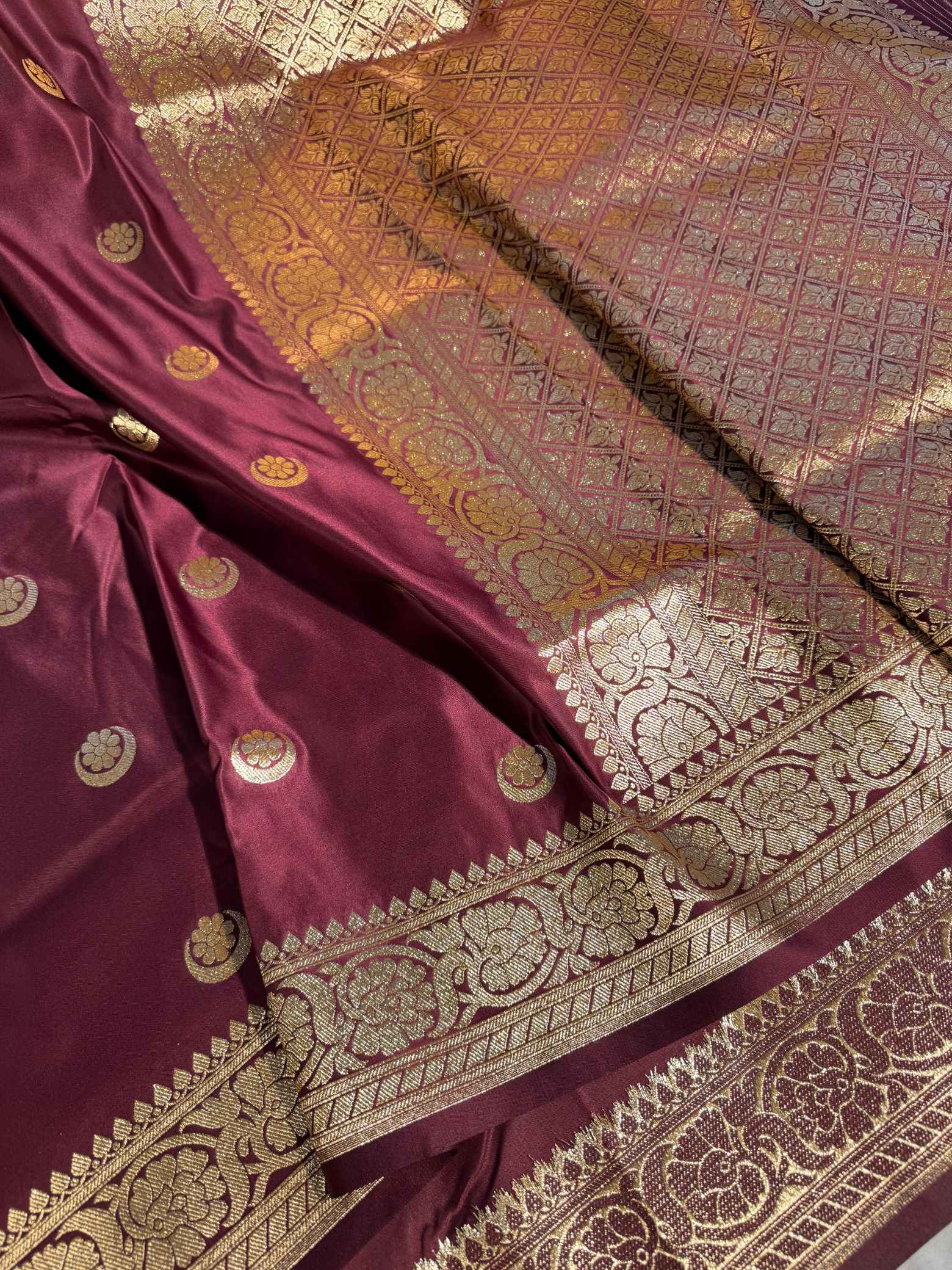 Rare Wine Shade Satin Silk Banarasi Saree in Traditional Chand Tara Heritage Weave