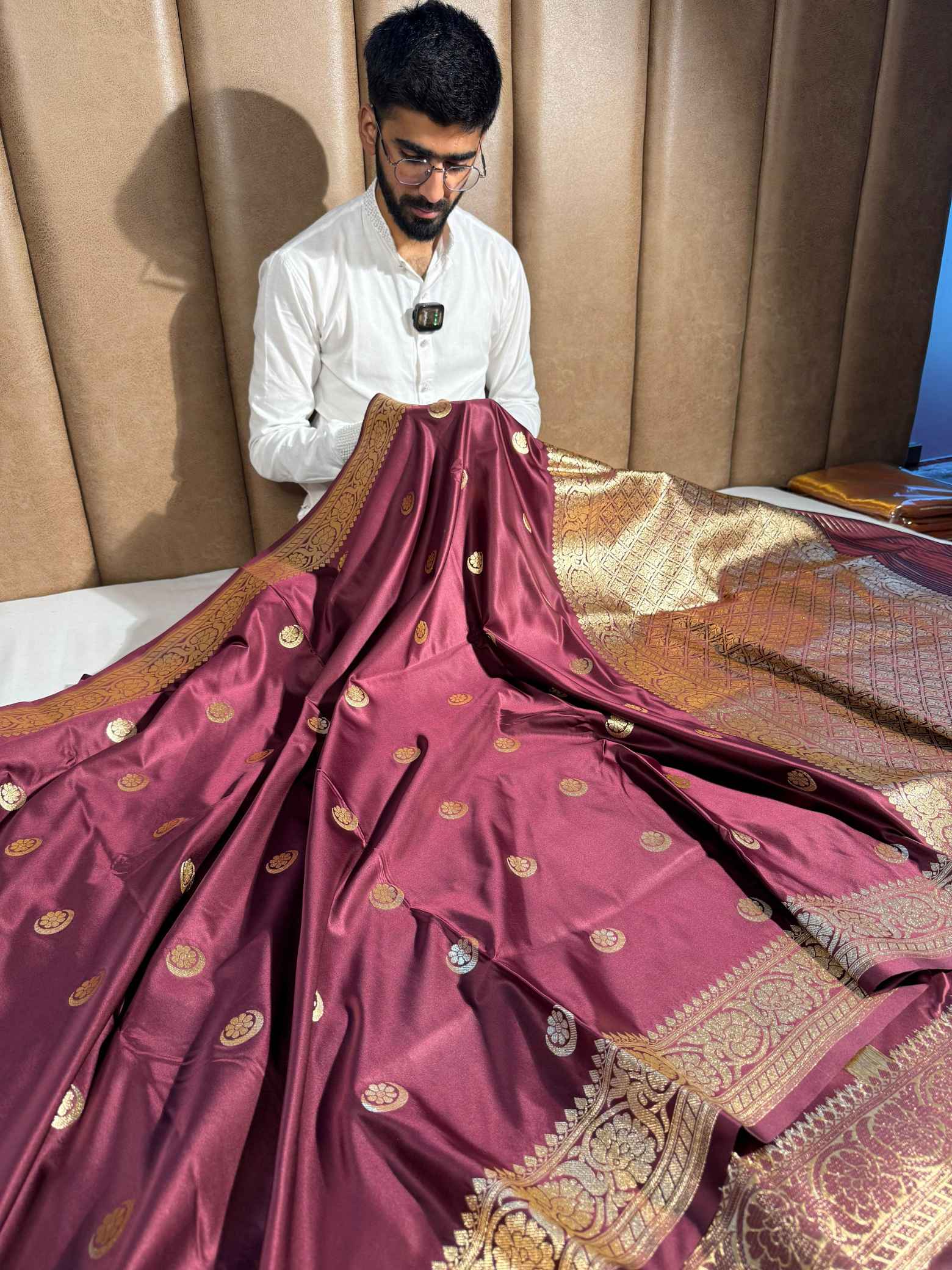 Rare Wine Shade Satin Silk Banarasi Saree in Traditional Chand Tara Heritage Weave