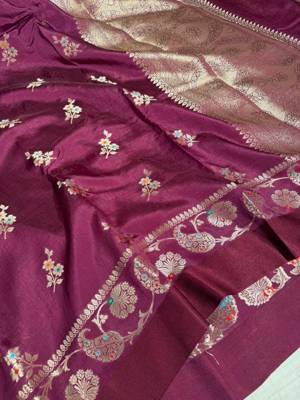 Rare Wine Viscose Chinia Silk Traditional Buta Banarasi Saree