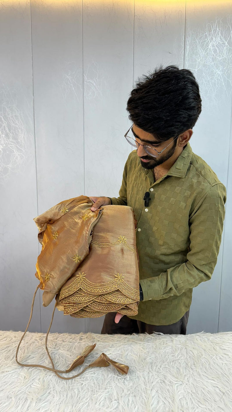 Rare Moose Brown Shade Shimmery Tissue Silk Saree