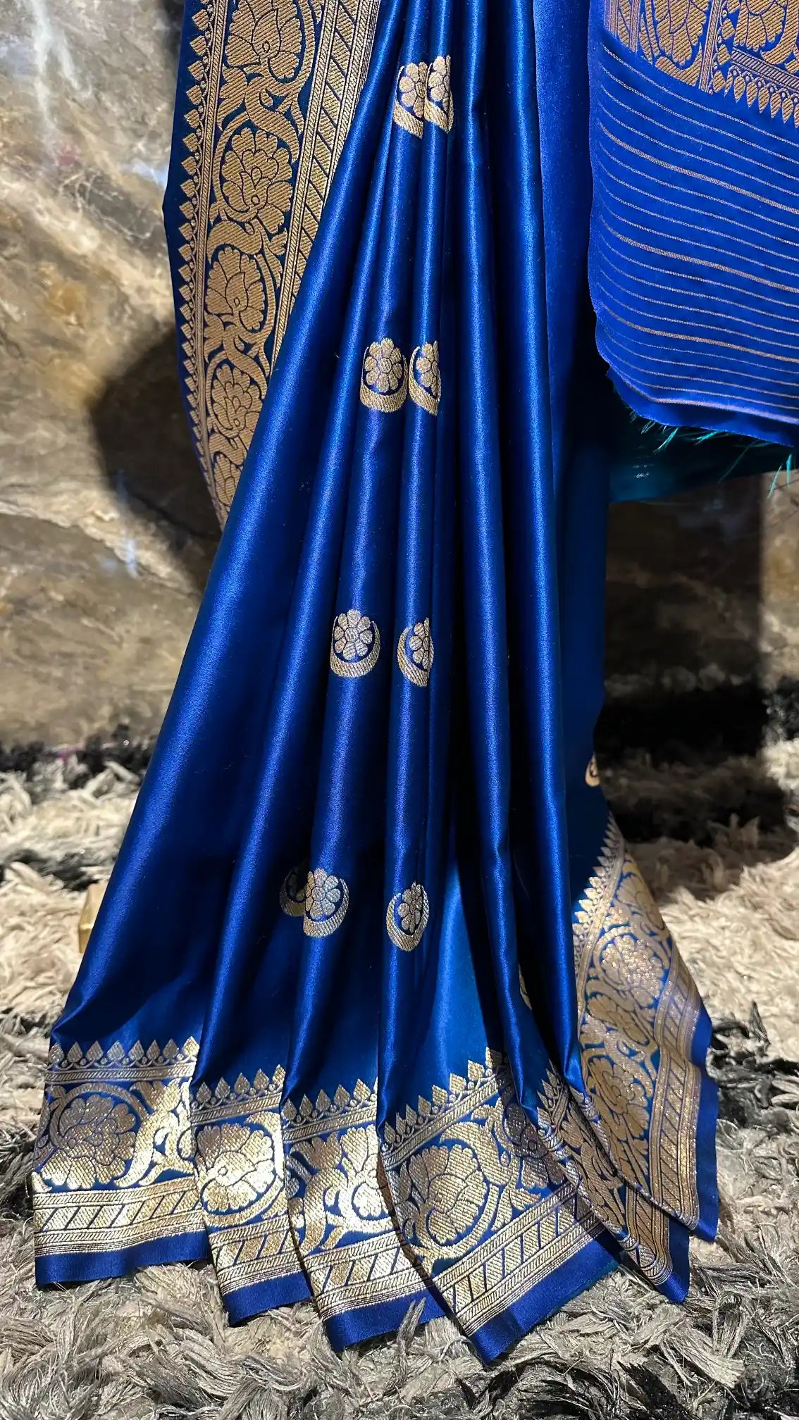 Ready To Wear Emerald Blue Satin Silk Banarasi Saree
