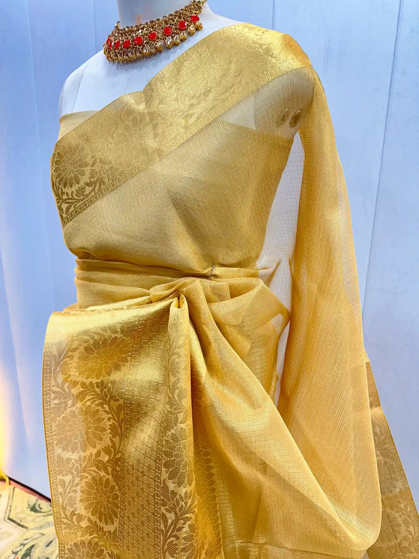 Ready To Wear Golden Zari Kota Tissue Saree