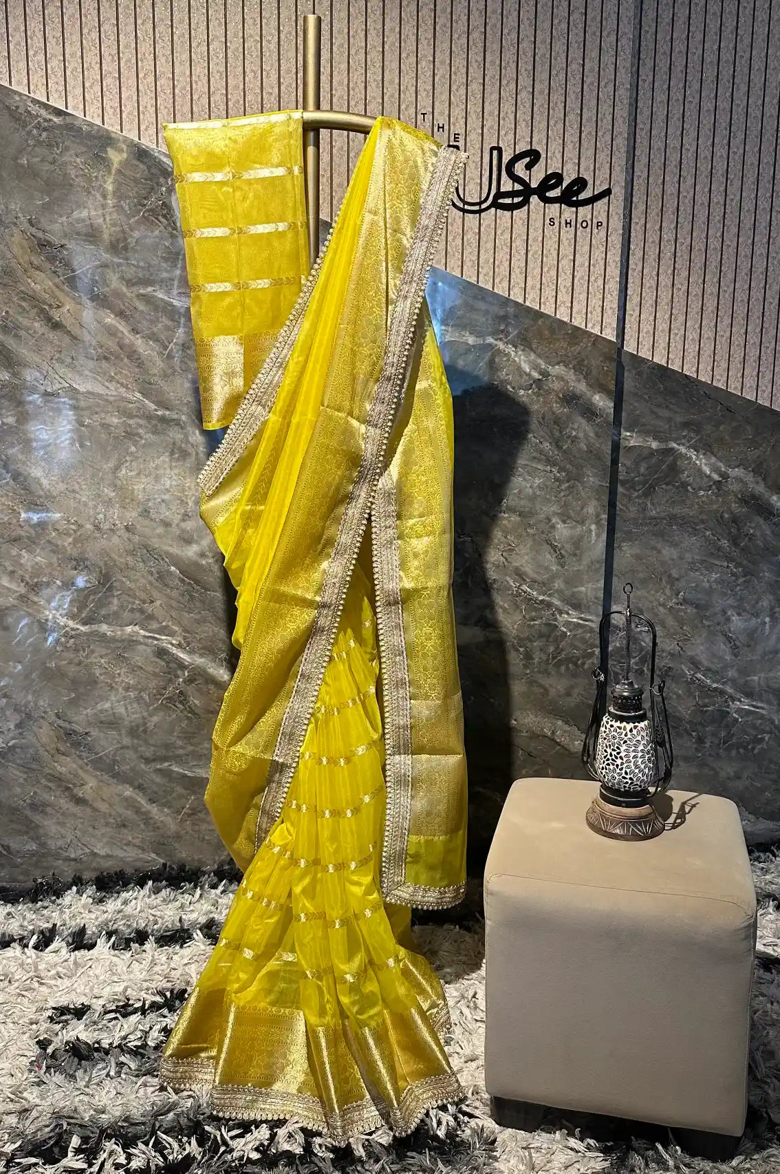 Ready To Wear Lemon Yellow Organza Designer Banarasi Saree