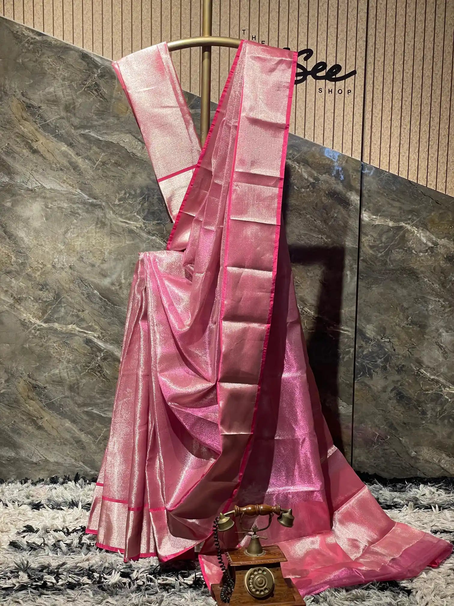 Ready To Wear Metallic Pink Kanjivaram embossed Tissue Silk Saree