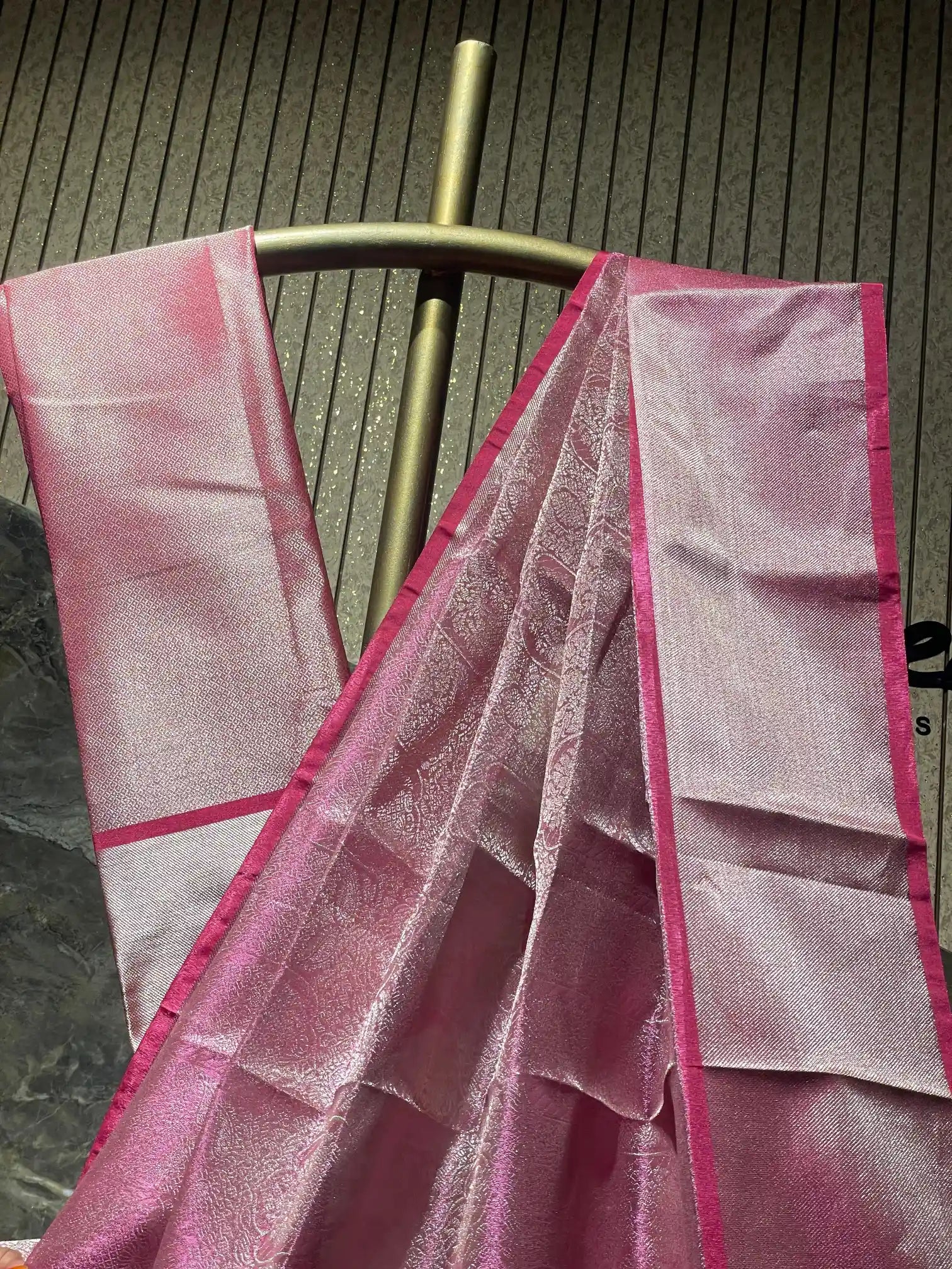 Ready To Wear Metallic Pink Kanjivaram embossed Tissue Silk Saree