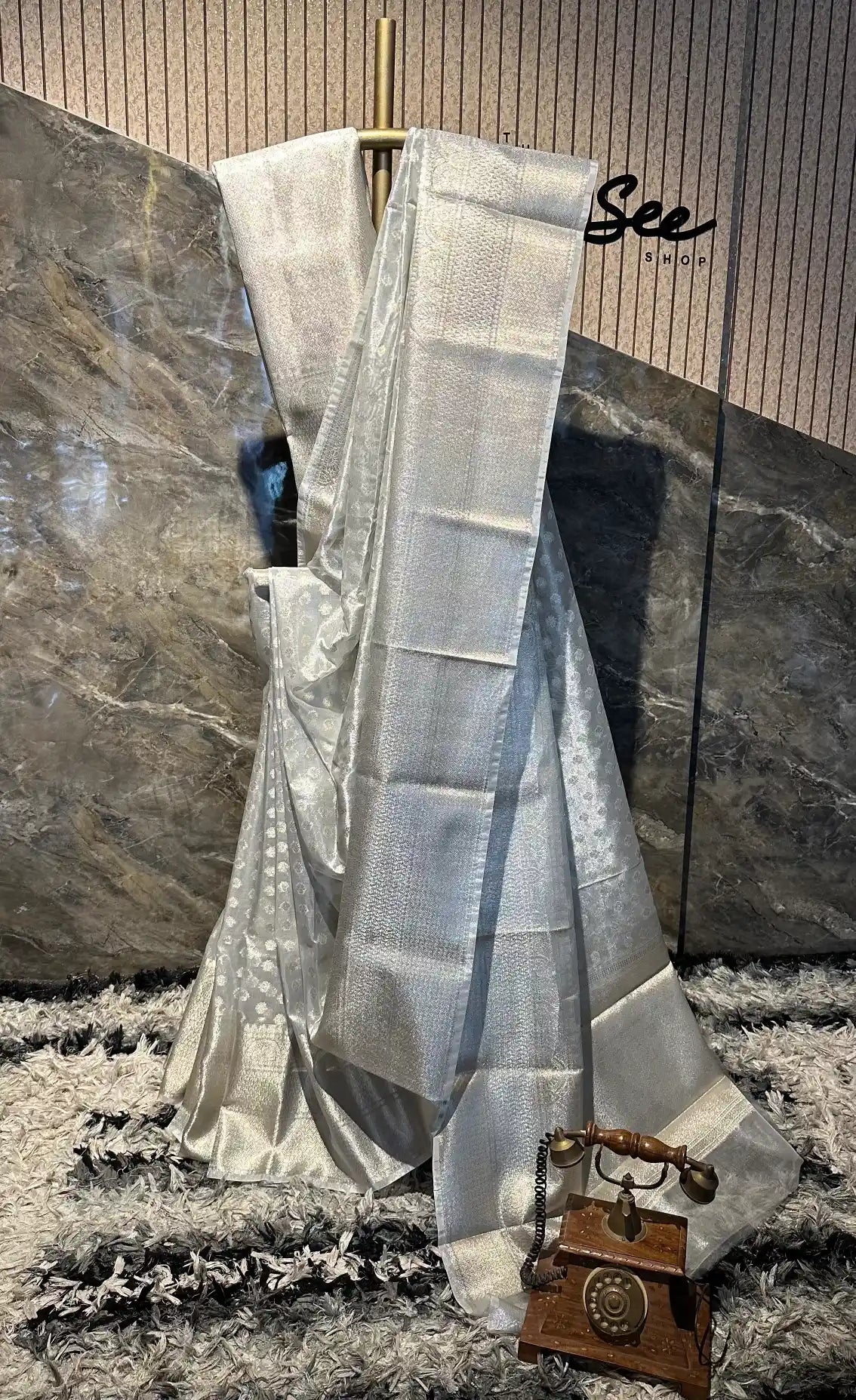 Ready To Wear Pretty Silver Tissue Silk Banarasi Saree
