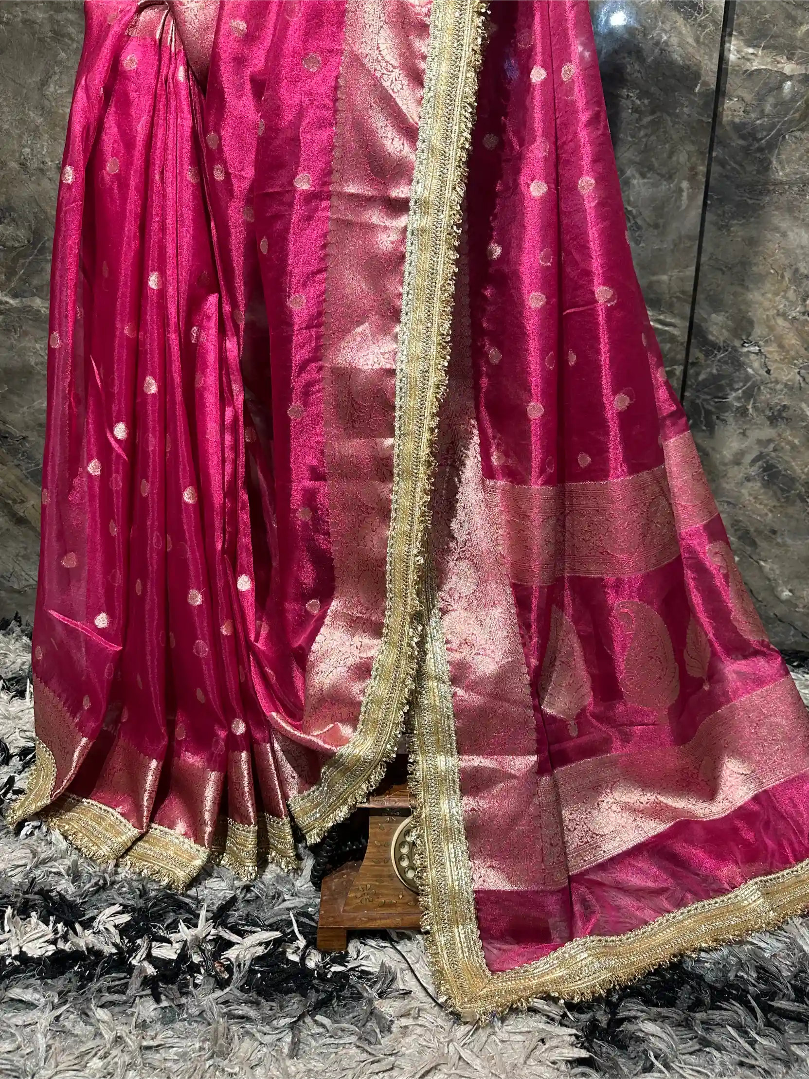 Ready To Wear Rani Pink Tissue Designer Lace Work Banarasi Saree 