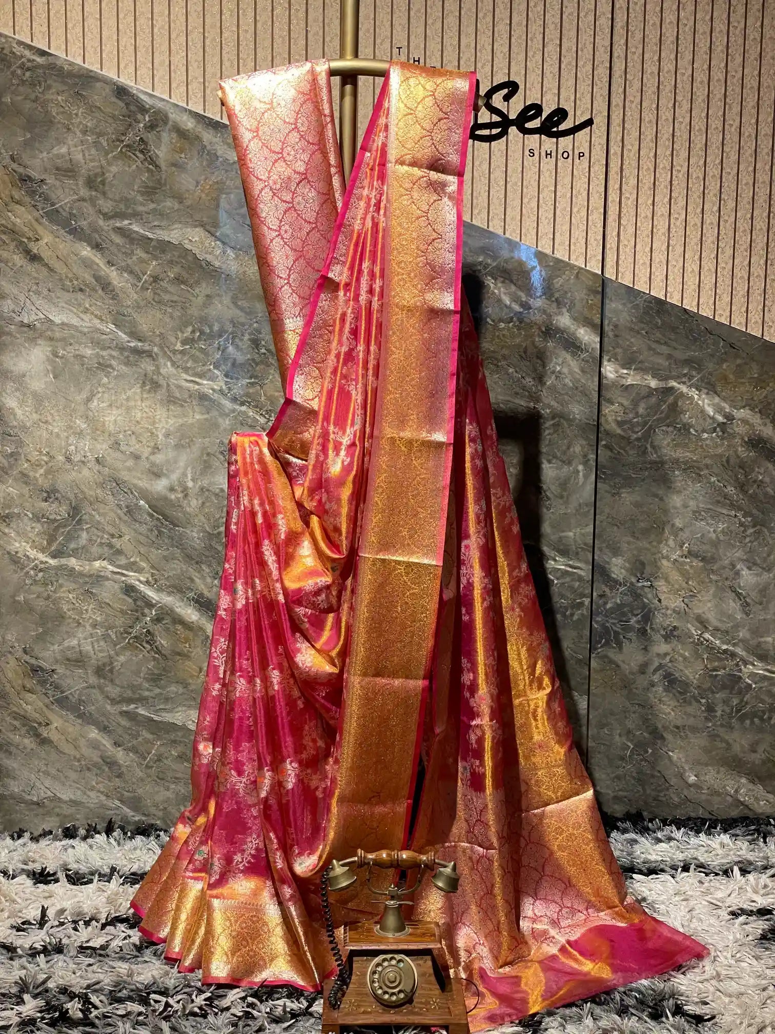 Ready To Wear Rare Rusted Meenakari Tissue Silk Saree