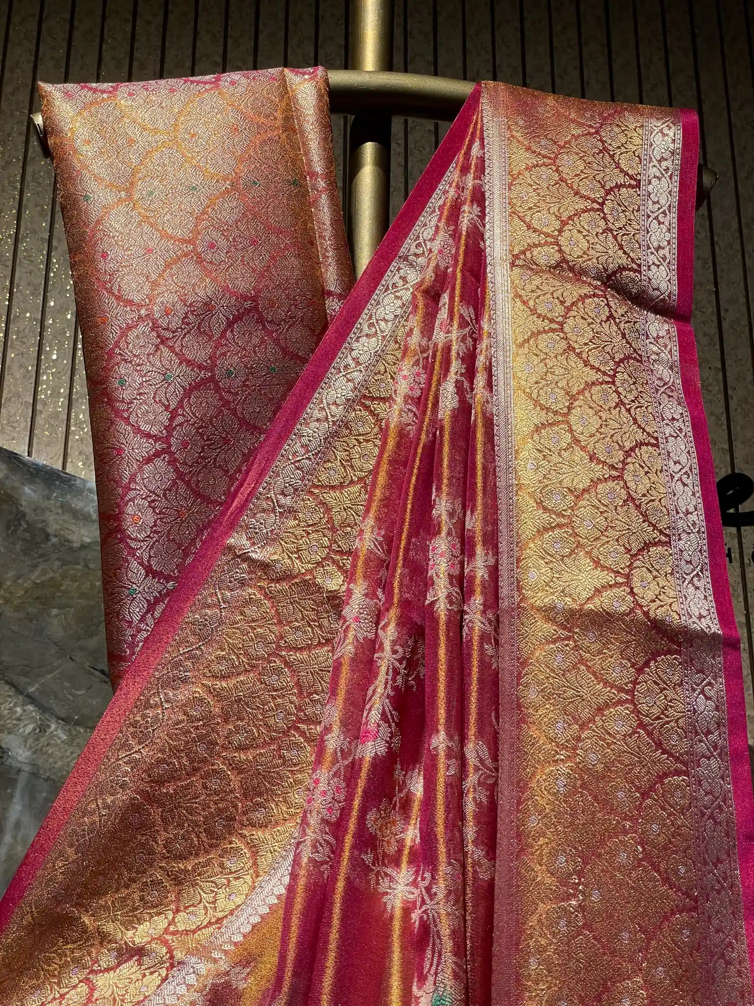 Ready To Wear Rare Rusted Meenakari Tissue Silk Saree