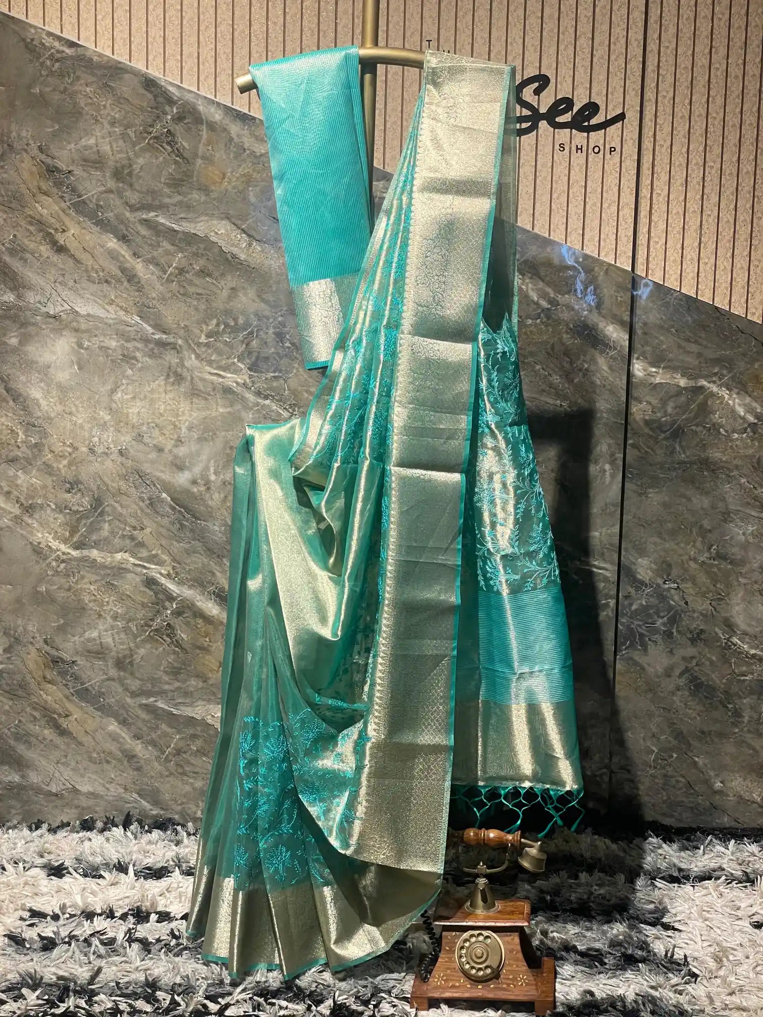 Ready To Wear Sea Green Chikankari Embroidered Tissue Saree