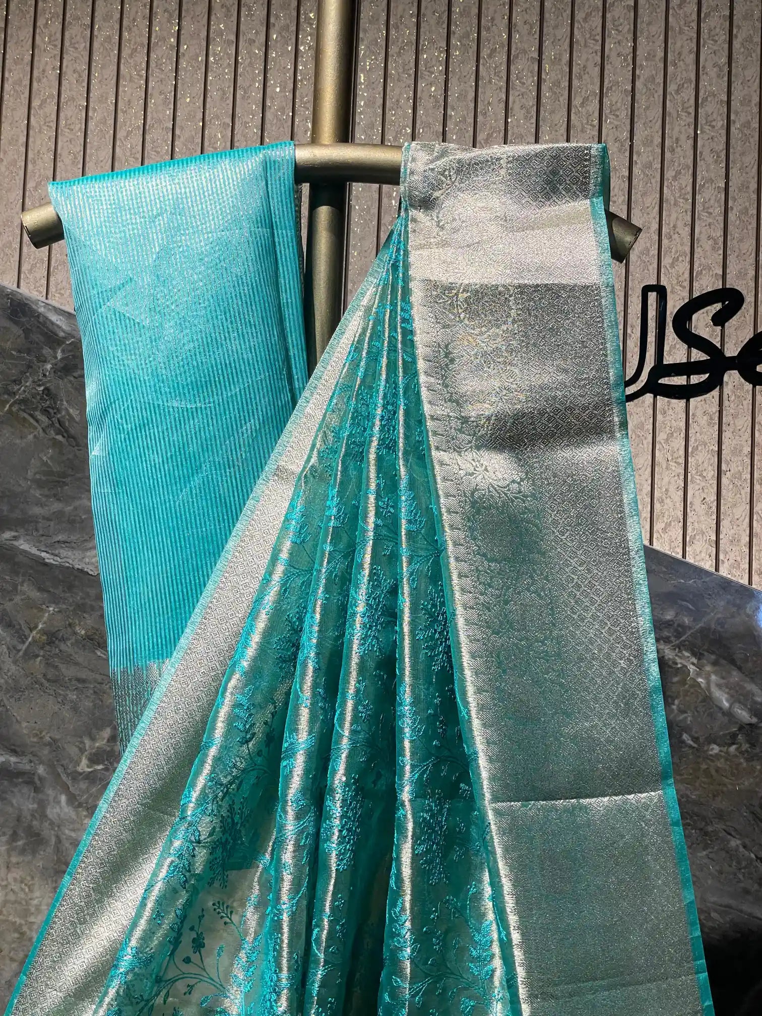 Ready To Wear Sea Green Chikankari Embroidered Tissue Saree