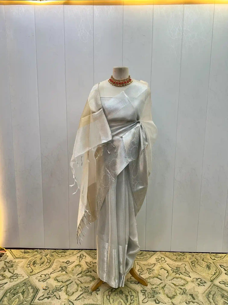 Ready To Wear Silver Zari Kota Tissue Saree