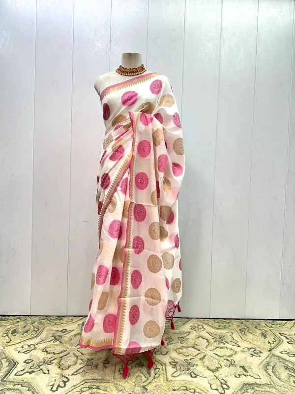 Ready To Wear White Cotton Silk Saree