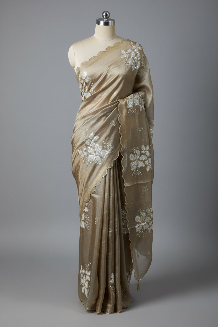 Real Chiku Shade Shimmery Tissue Silk Saree