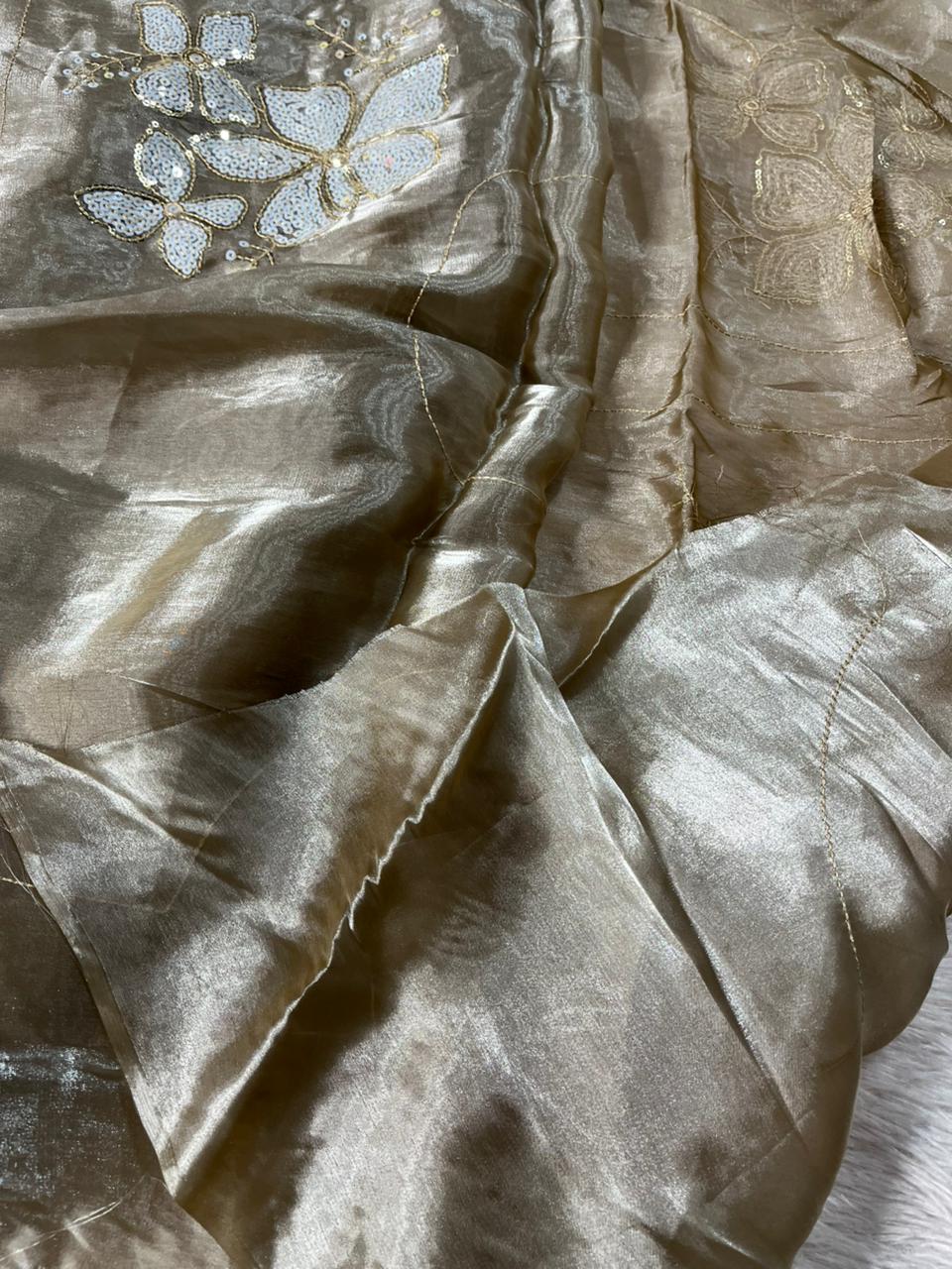 Real Chiku Shade Shimmery Tissue Silk Saree