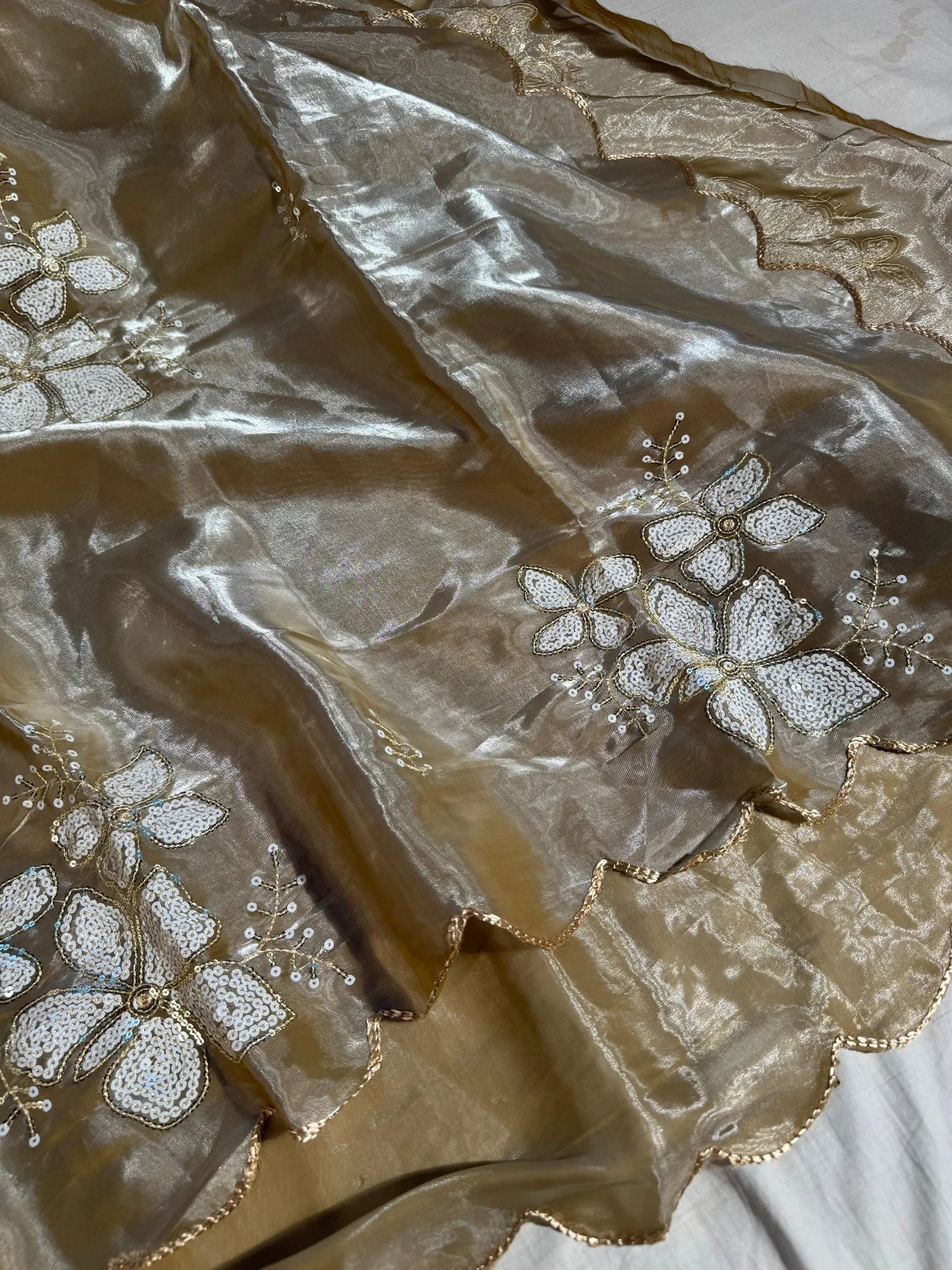 Real Chiku Shade Shimmery tissue silk saree with pallu and blouse