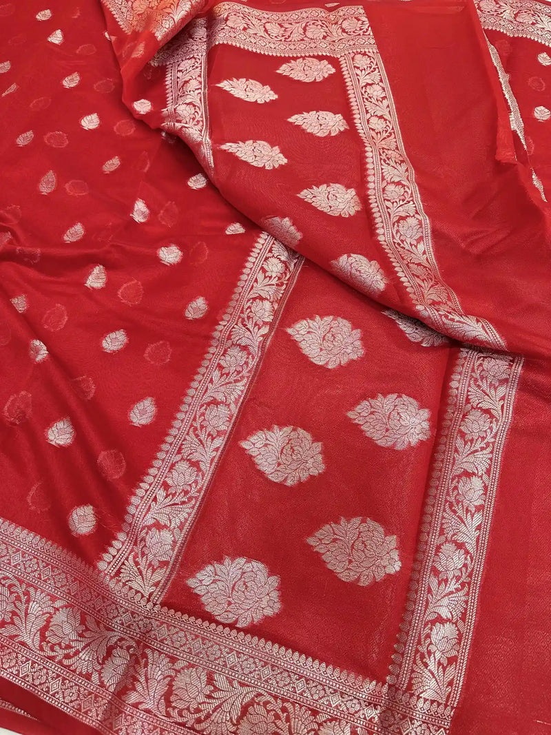 Red Soft Silk Silver Zari Woven Motifs Banarasi Saree