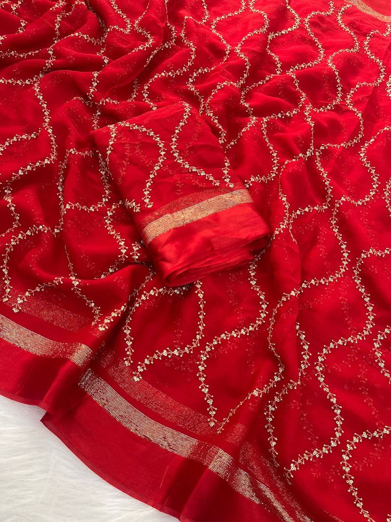 Red Viscose Georgette Silk Thread and Sequins Work Banarasi Saree