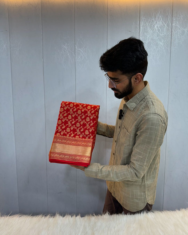 Red Cotton Silk Intricate Floral Banarasi Saree